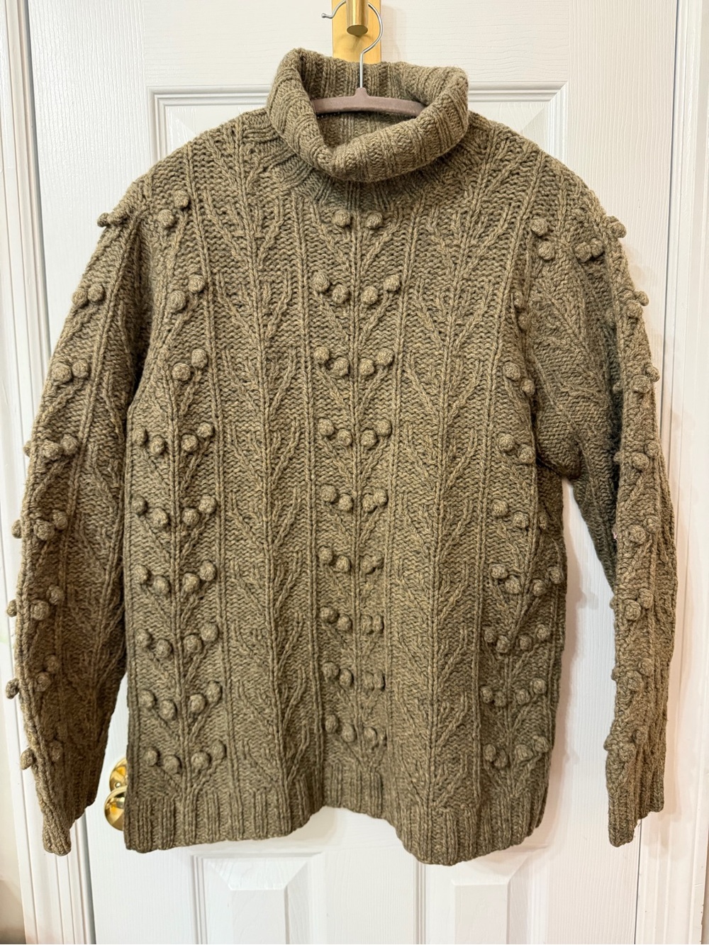 Orvis 100% Wool Olive Green Marbled Cable Bobble Pom Puff Mockneck Sweater